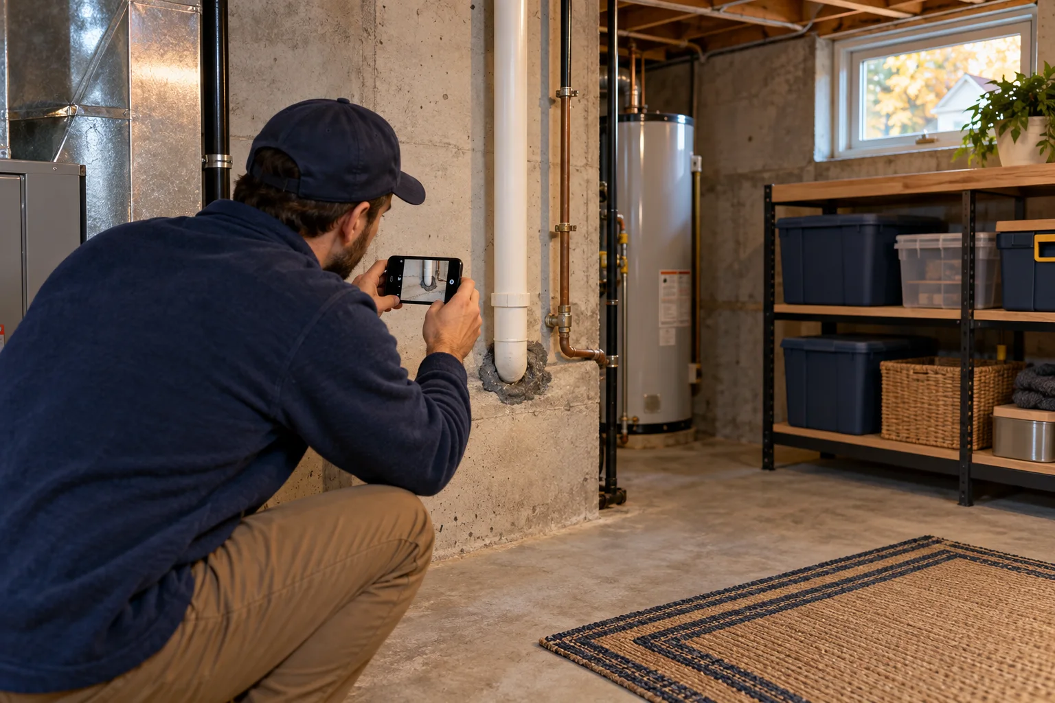 Illustration of a homeowner documenting a basement utility penetration and organized storage area