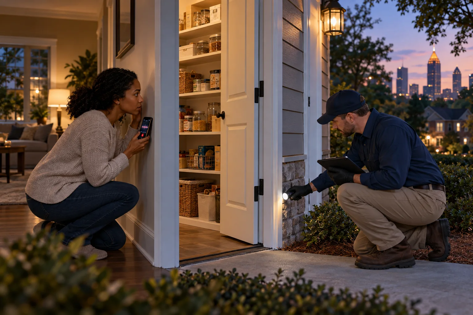AI-generated illustration of a homeowner recording evening wall sounds while a technician inspects a pantry exterior
