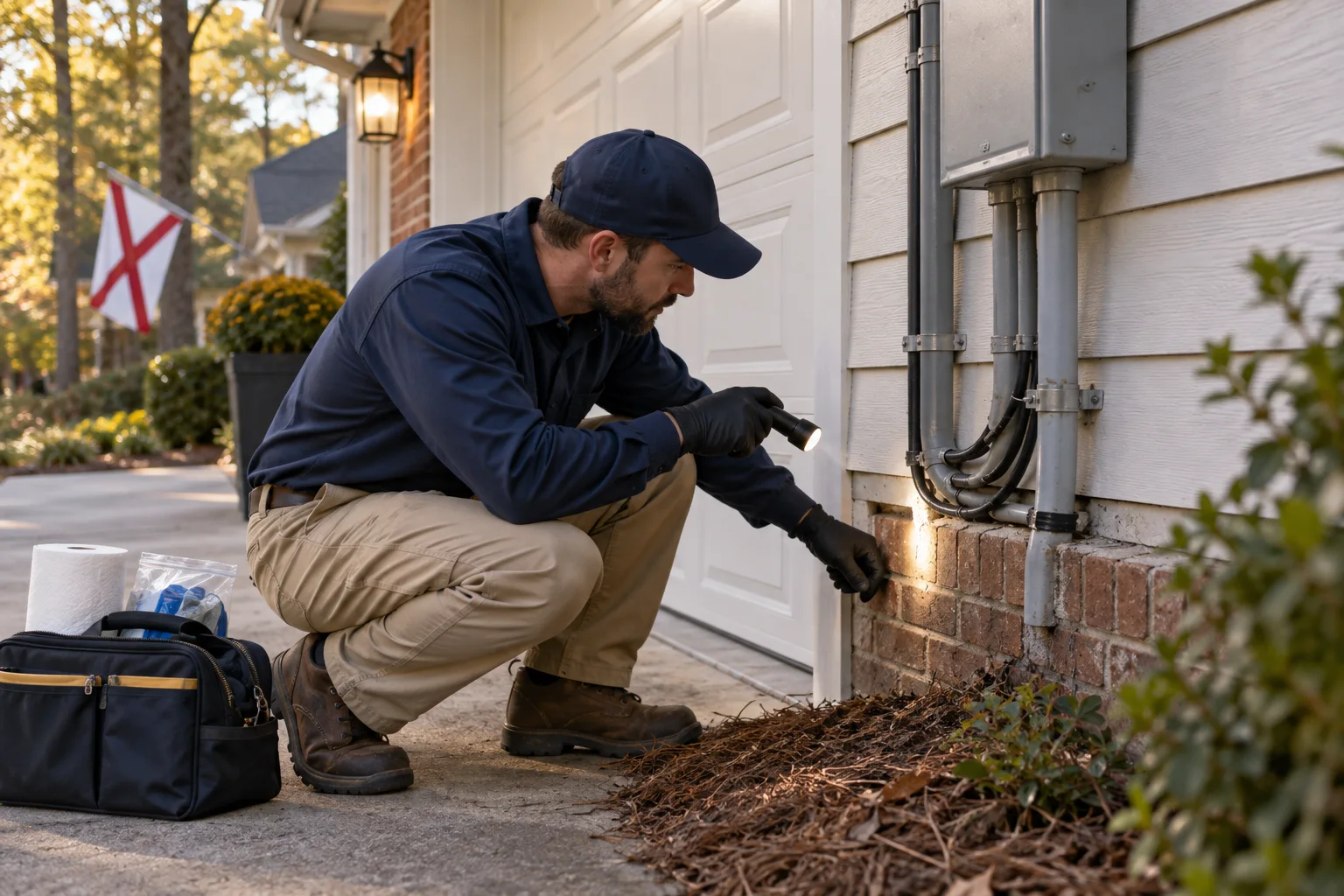 AI-generated illustration of a technician examining a utility-line gap beside an attached garage wall