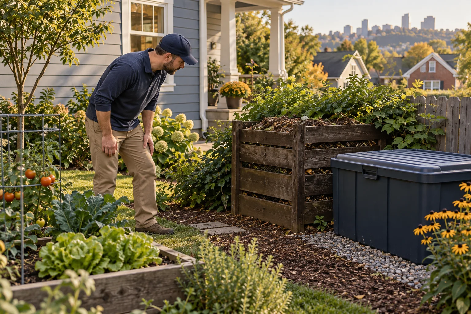 Illustration of a homeowner inspecting a compost edge, vegetable garden, and sealed storage container
