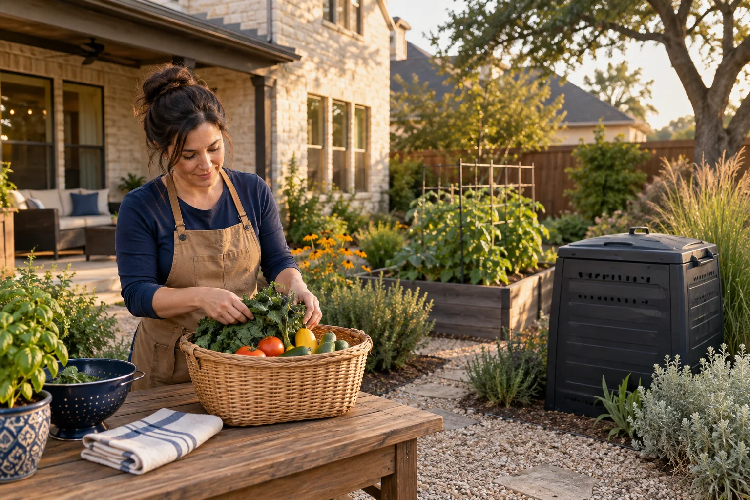 Illustration of a gardener securing harvested produce beside a closed compost container