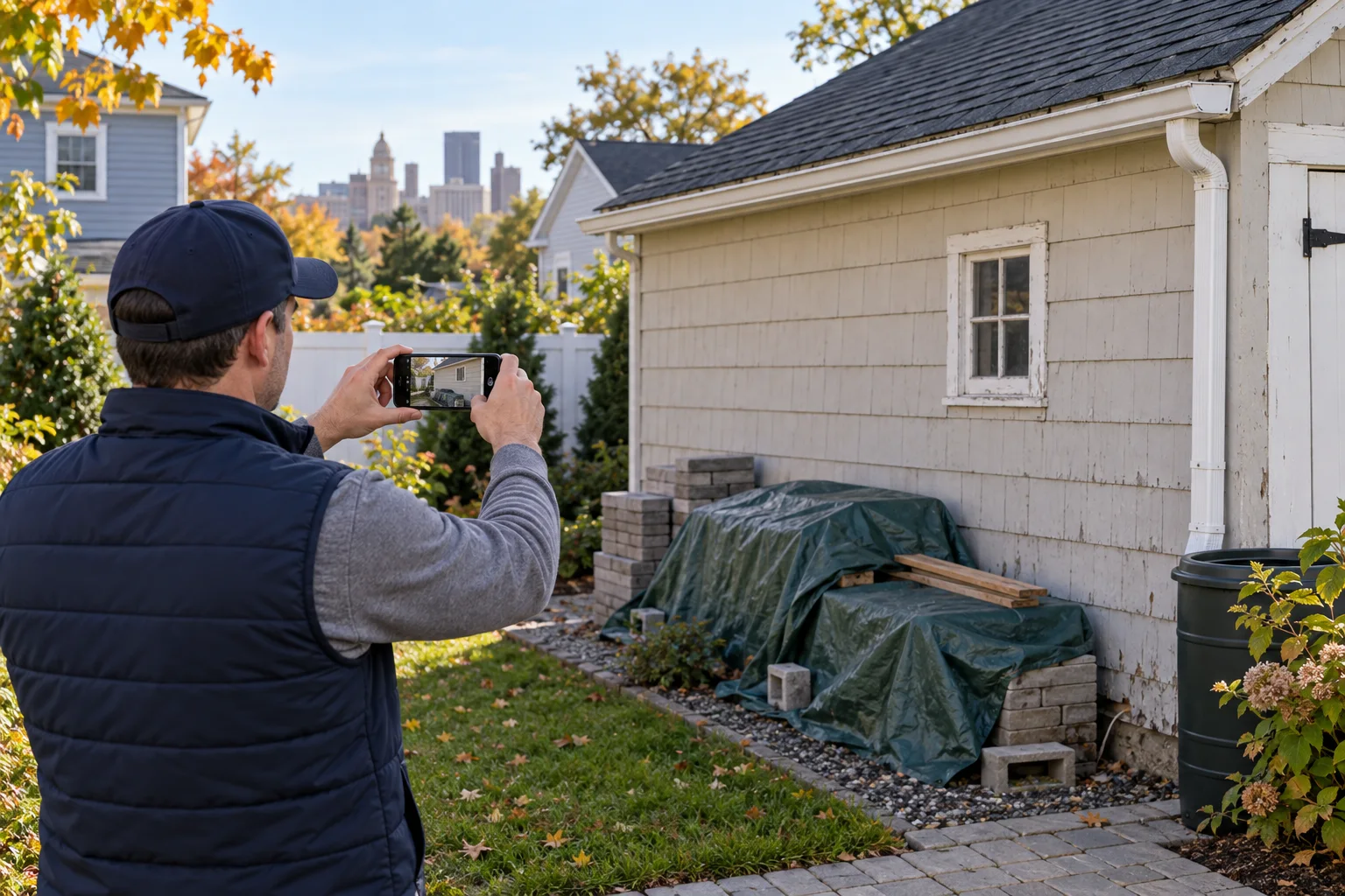 AI-generated illustration of a property owner documenting an outbuilding wall and covered materials before renovation work