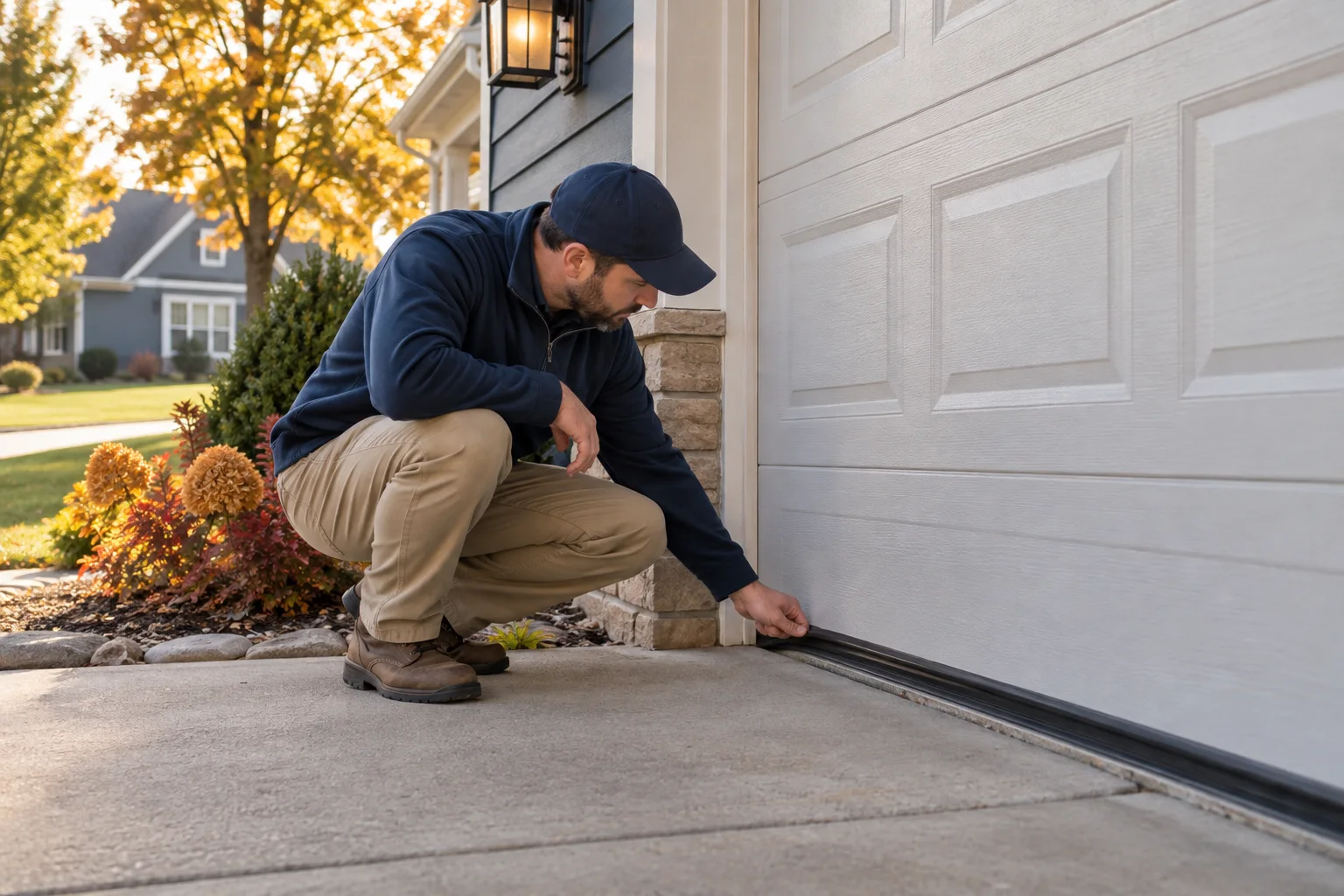 Illustration of a calm exterior inspection of a garage door weather seal