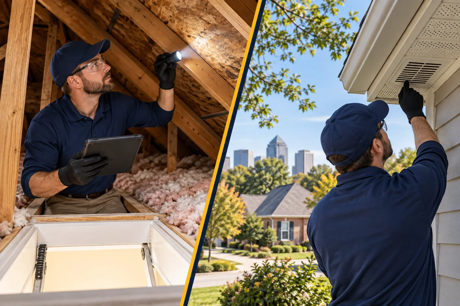 AI-generated illustration of a technician safely documenting attic-hatch insulation and exterior soffit vents