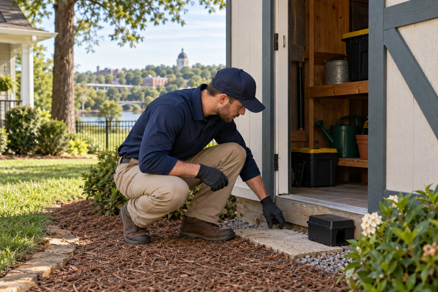 AI-generated illustration of a technician reviewing a shed door threshold and protected trap location