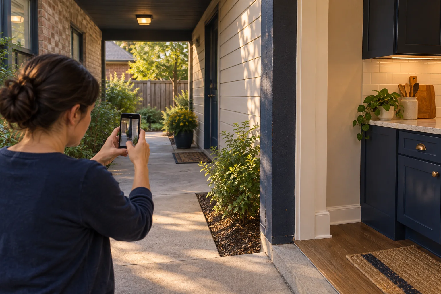 Illustration of a tenant documenting a shared breezeway and kitchen-wall corner