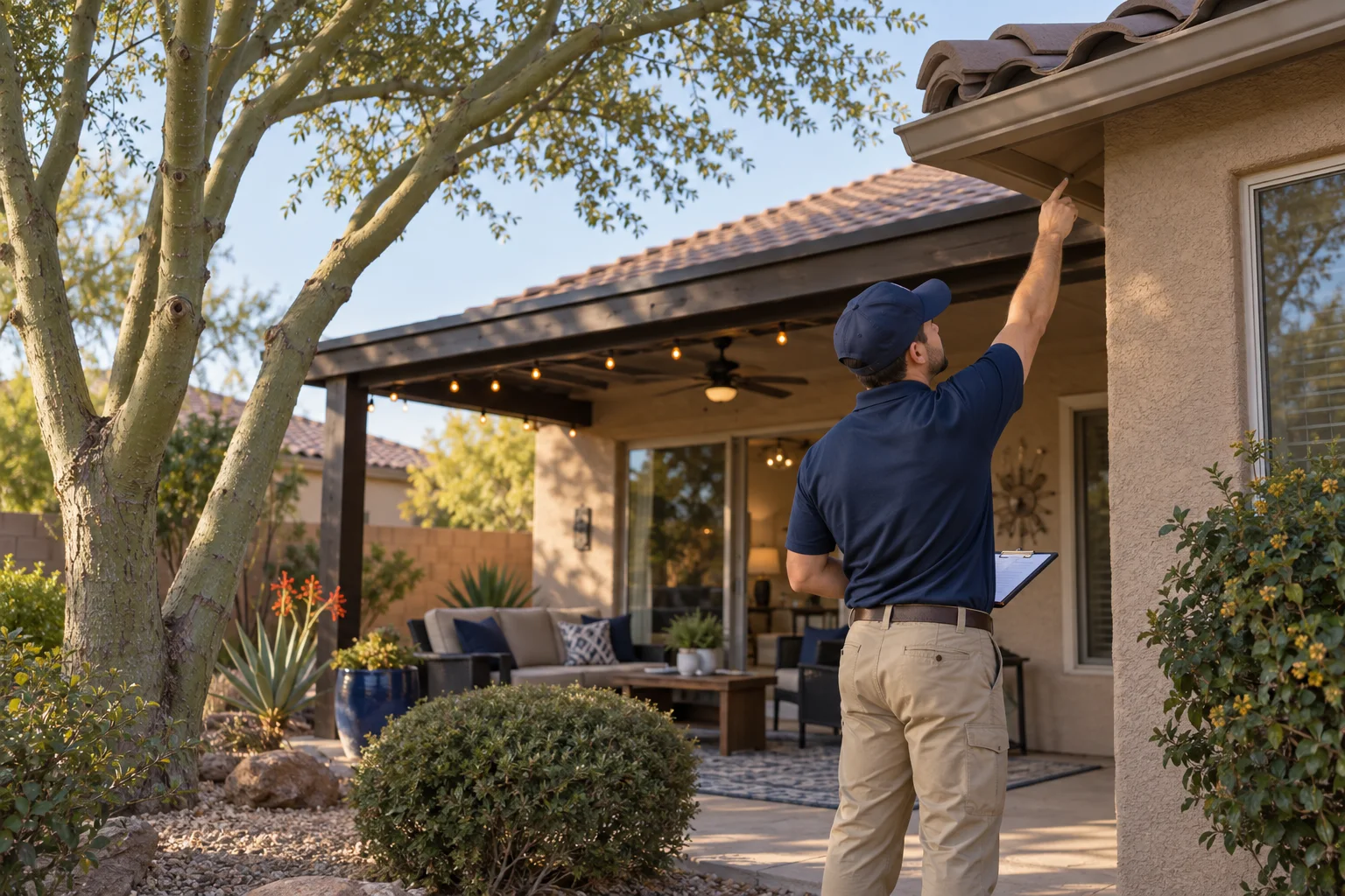 AI-generated illustration of a technician inspecting a roofline near a shaded patio and trimmed tree branches