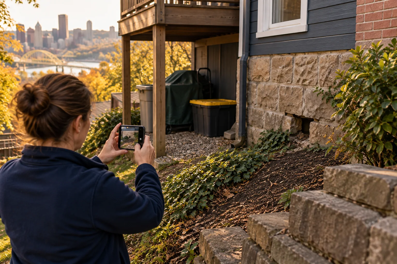 Illustration of a resident documenting a sloped rear-yard storage area and exterior wall gap