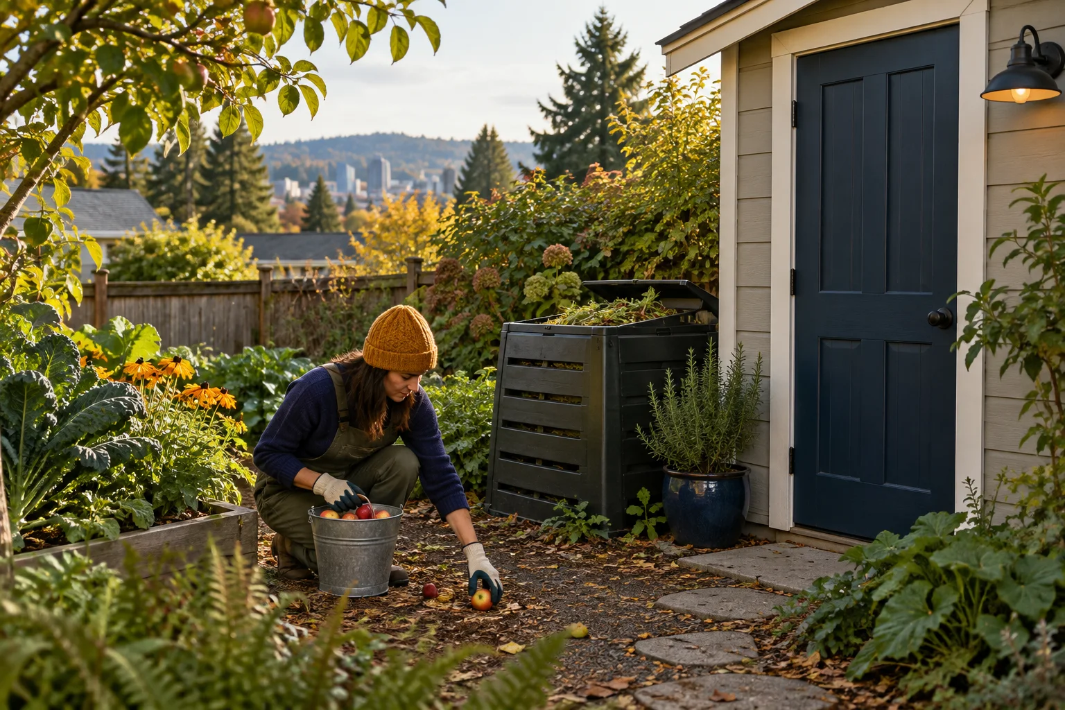 Illustration of a gardener collecting fallen produce beside a compost bin and shed door