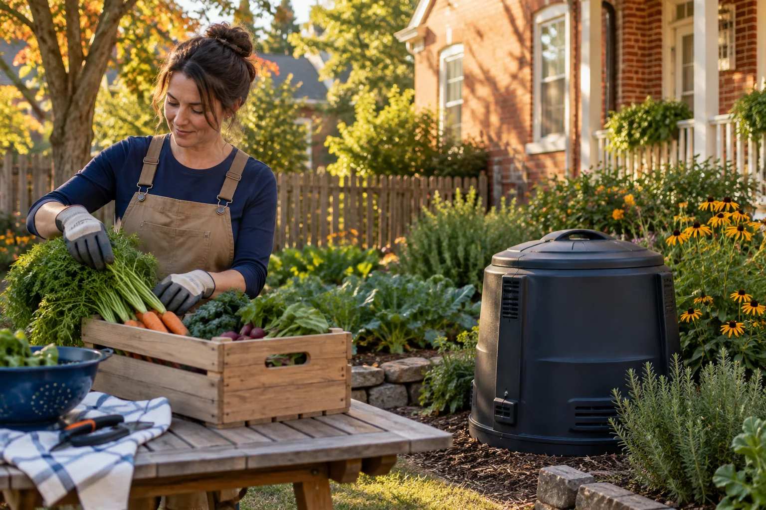 Illustration of a gardener securing harvested produce beside a closed compost container