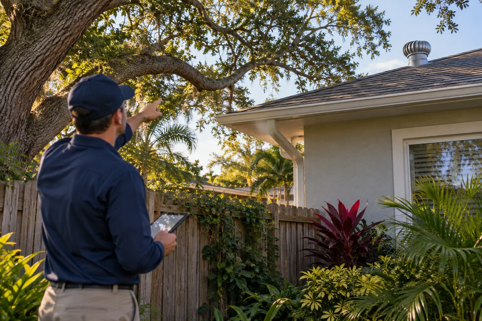 AI-generated illustration of a technician tracing a tree branch and fence route toward a roof vent