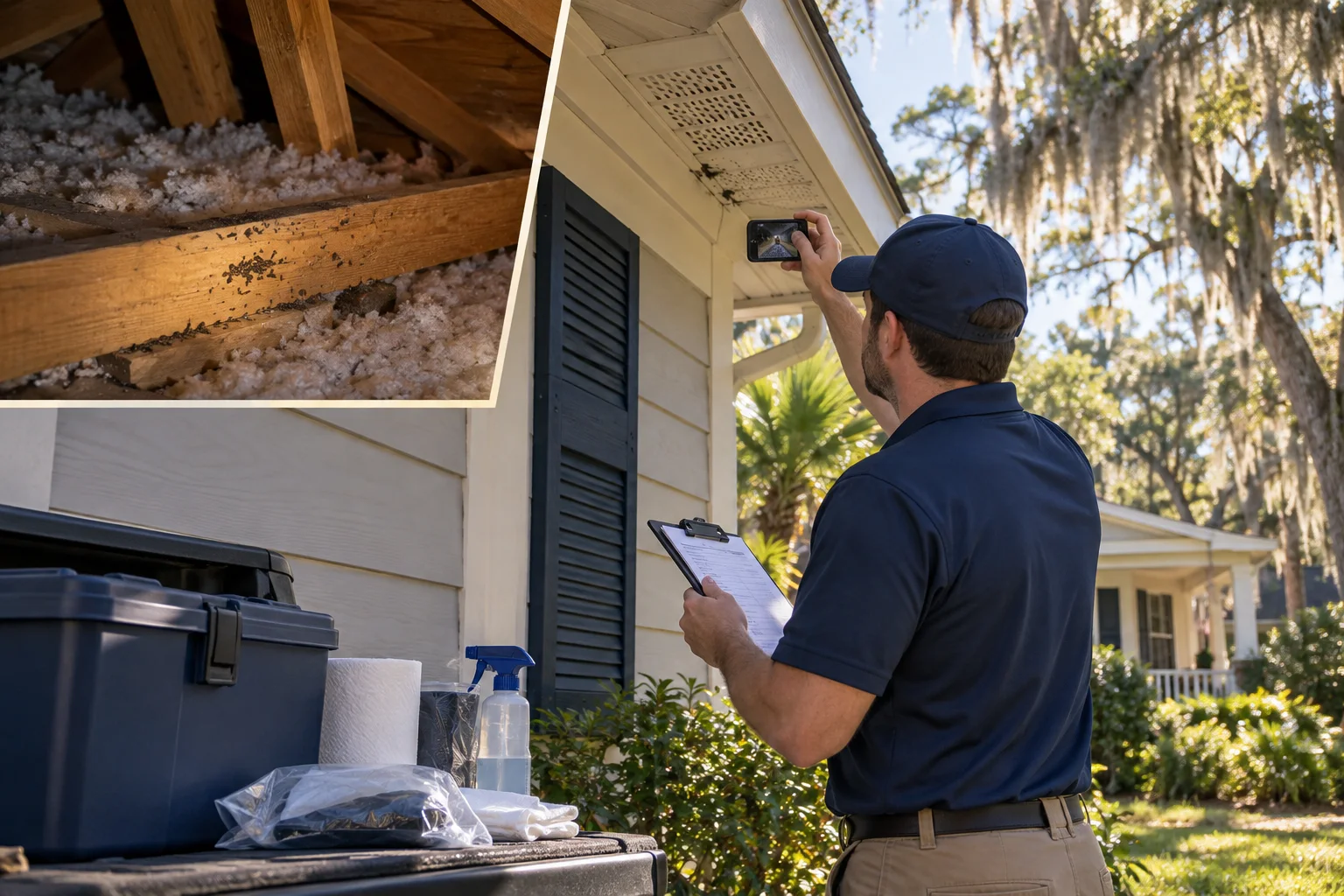 AI-generated illustration of a technician documenting attic vent signs and exterior eave access