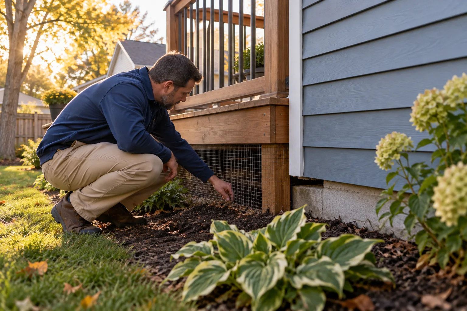 Illustration of a technician inspecting mesh-covered deck access and a foundation gap