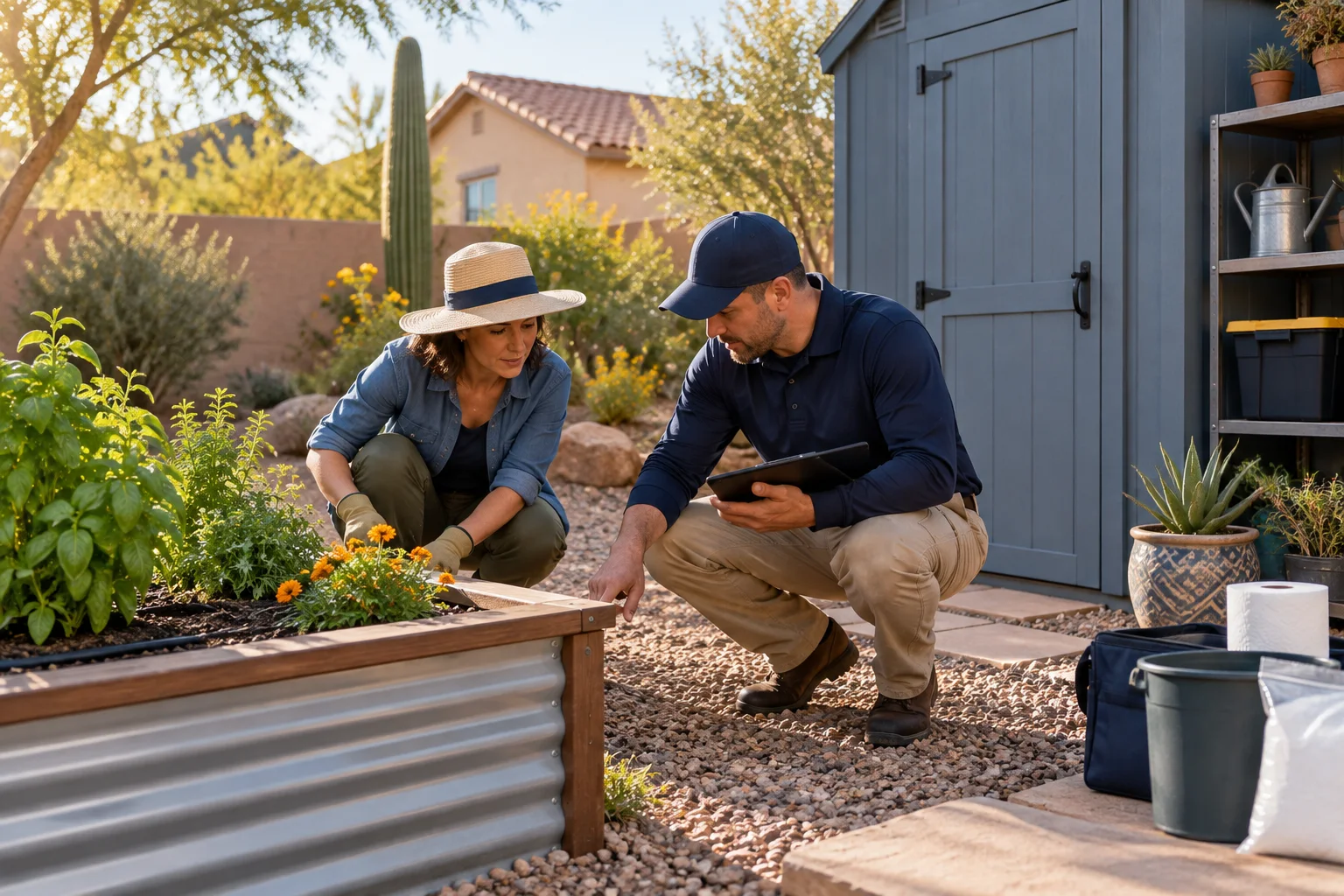 AI-generated illustration of a gardener and technician examining a raised bed beside a storage shed